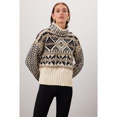 Brown geometric knit (70% Wool, 30% Polyamide) Sweater. Long sleeves. Turtleneck. Pull on. 19.5" from shoulder to hemline. Imported. Casual Geometric Pattern Sweater For Winter, Nordic Textured Knit Fall Sweater, Beige Fair Isle Pattern Tops For Winter, Beige Fair Isle Pattern Top For Winter, Beige Fair Isle Winter Tops, Beige Fair Isle Winter Top, Patterned Knit Tops For Winter, Winter Patterned Knit Tops, Fitted Nordic Sweater With Long Sleeves