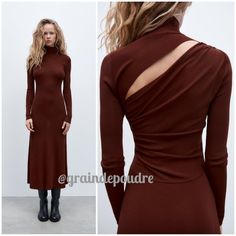 Dress With A High Neck And Long Sleeves. Featuring Opening Detail At The Back With Gathering. Lovely, Deep Burgundy Brown. Part Of A Limited Edition. Brand New With Tags! Comes From A Smoke-Free Home. Brand: Zara. 77% Viscose, 23% Nylon. Made In China. Size: S (Smallest Size Made). Shoulder: 13.5" To 15.5". Sleeve: 24". Bust: 31" To 36". Waist: 24" To 28". Hip: 31" To 36'. Length: 55.5". Long Sleeve High Neck Dress, Blush Colored Dress, Zara Floral Dress, Zara Maxi Dress, Yellow Maxi Dress, Sleeveless Knit Dress, Sweater Maxi Dress, Yellow Maxi, Crochet Maxi Dress