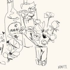 a black and white drawing of flowers in a vase next to an empty wine bottle