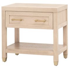 a small wooden table with two drawers on one side and an open drawer on the other