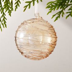 a glass ornament hanging from a christmas tree