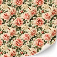 a floral wallpaper with pink roses and green leaves