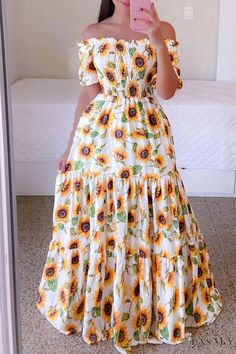 Lasaky - Stylish Womens Yellow Off-the-Shoulder Patchwork Casual Dress with Print Design Yellow Off-shoulder Summer Dress, Long Flower Dress, Bohemian Party, Moda Floral, Printed Long Skirt, Cotton Long Dress, Tube Top Dress, Langer Rock, Floral Sleeve