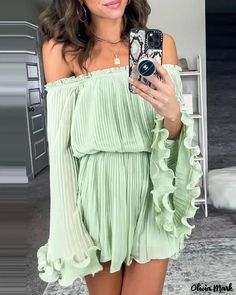 Olivia Mark – Solid Off Shoulder Gathered Bell Sleeve Casual Dress Off Shoulder Casual Dress, Bell Sleeve Dress, Sleeved Romper, Prom Party Dresses, Dress 100, Olivia Mark, Flared Sleeves, Bell Sleeve, Light Green