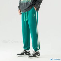 OrcaJump - Casual Striped Sportswear Trousers with Elastic Cuffs Green Athleisure Pants For Winter, Green Sporty Winter Bottoms, Sporty Green Bottoms For Winter, Sporty Green Winter Bottoms, Casual Green Sweatpants For Winter, Sportswear Joggers With Elastic Cuffs For Leisure, Leisure Sportswear Joggers With Elastic Cuffs, Green Joggers With Elastic Waistband For Winter, Sporty Sweatpants With Elastic Cuffs For Leisure