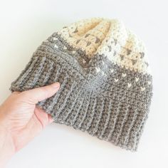 a hand is holding up a crocheted beanie on top of a white surface