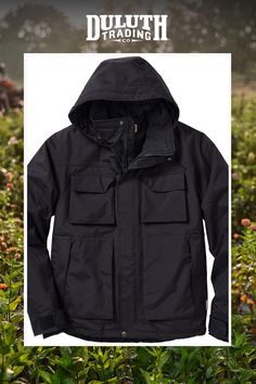 The men's Whaleback Waterproof Jacket from Duluth Trading Company is 100% waterproof, breathable and warm up to -15°F. Durable Solid Outerwear For Fall, Durable Solid Hooded Outerwear, Durable Techwear Outerwear For Hiking, Durable Techwear Outerwear For Outdoor, Durable Nylon Windbreaker For Fall, Black Durable Hooded Windbreaker, Midweight Weatherproof Windbreaker For Winter, Functional Waterproof Windbreaker For Hunting, Durable Hooded Windbreaker For Fall