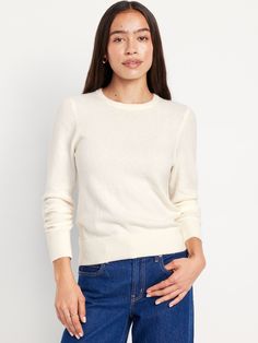 crew neck long sleeves pullover style relaxed fit hits at waist models are approx.  5'9" and wear sizes s (4), l (12), and xl (18)machine wash according to the care instruction label  . Best Holiday gift for Women , perfect Sweaters for Christmas! Plain Sweater, Textured Knit Sweater, Women's Cardigans, Sweater White, Old Navy Women, Cardigan Sweaters For Women, Outerwear Sweater, White Sweaters, Long Sleeve Pullover