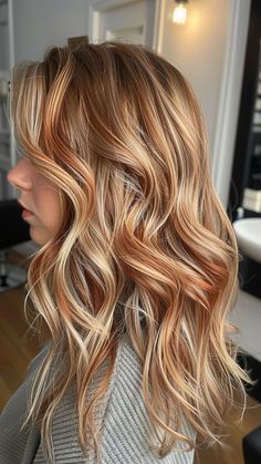 Blonde And Red Highlights, Blonde Hair With Copper Lowlights, Blonde And Caramel Highlights, Blonde And Caramel, Blonde Caramel Highlights, Caramel Highlight, Hair Highlights Ideas, Coppery Red, Blonde Foils