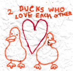 two ducks who love each other drawn on white paper with orange crayon marker