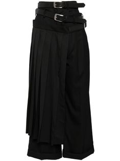 black wool layered design belted waist concealed front fastening belt loops pleat detailing high-waisted wide leg Tailored Belted Formal Bottoms, Tailored Belted Bottoms For Formal Wear, Tailored Belted Bottoms For Formal Occasions, Black Wide Leg Pants With Belt Detail, Black Wide Leg Bottoms With Belt Detail, Formal Black Belted Pants, Black Belted High Waist Wide Leg Pants, Classic Formal Bottoms With Belt, Black Bottoms With Belt Detail For Fall