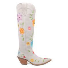 White Suede & Floral Embroidered Boot Multi Colored Floral Embroidery Detail Knee High Pull On 18" Shaft Height 2.5" Tall Fashion Heel 14-16” Circumference Snip Toe Rubber Outsole ***These are shipped to you directly from our Manufacturer. Please allow 7-10 business days for shipping/tracking notification! Tall Western Boot, Boots Store, Embroidered Boots, Tall Fashion, Whimsical Design, How To Hem Pants, Wedge Heel Sandals, Fashion Heels, Kids Boots