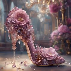 AI art  of a beautiful high heel created by me. A lavishly decorated high-heeled shoe is adorned with large pink flowers, beads, and dripping crystals, evoking a sense of luxury and fantasy.  It is set against a blurred background of a grand, opulent room with chandeliers and floral arrangements, enhancing the shoe's magical and dreamlike quality. Beautiful stiletto high heel art print by Glenda Stevens.    Our art prints are produced on acid-free papers using archival inks to guarantee that they last a lifetime without fading or loss of color.  All art prints include a 1" white border around the image to allow for future framing and matting, if desired. Ships within 3-5 business days. Whimsical Shoes, Floral High Heels, Fantasy High, Flowers Beads, Easy Room Decor, Fairy Shoes, Fairytale Fashion, Beautiful High Heels, Girly Shoes