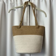 Target Storage Basket Tote Bag Medium Size Straw Bag With Rope Handles Neutral Tan And White Beach Tote Bag Two Tone Basket Bag Beachy Straw Basket 10" H X 9" W X 9" D New With Tag #Businessattire #Officewear #Backtowork #Interviewclothes #Businesscasual #Minimalist #Oldmoney #Newmoney #Retro #Y2k #Barbiecore #Balletcore #Cottagecore #Vintage #Fairycore #Academia #Kawaii #Grunge #Goth #Pastel #Mermaidcore #Kidcore #Madewell #Princesspolly #Darkacademia #90s #2000s #70s #Preppy #2000style #Strawb Cream Tote Bag For Vacation, Summer White Rectangular Bucket Bag, White Rectangular Summer Bucket Bag, Chic White Beach Bag For Beach Season, White Crochet Shoulder Bag For Beach Season, Chic White Beach Bag, Cream Bucket Bag For Summer, Trendy White Large Capacity Beach Bag, Trendy Large Capacity White Beach Bag