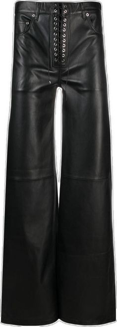 Chic Leather Pants For Streetwear, Chic Leather Bottoms For Streetwear, Luxury Wide Leg Leather Pants With Belt Loops, Black Leather Bottoms With Belt Loops, Black Leather Straight Leg Bottoms, Luxury Black Leather Pants For Work, Black Leather Pants With Five Pockets, Luxury Black Leather Bottoms, Leather Wide Leg Streetwear Bottoms