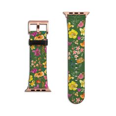 Elevate your Apple Watch with this unique vegan leather strap band featuring a colorful watercolor flowers design with a green background! Available in various sizes to fit your Apple Watch.  𝐀𝐁𝐎𝐔𝐓 𝐓𝐇𝐄 𝐁𝐀𝐍𝐃 --Opaque, not see-through --Matte hardware (black, silver, classic gold or rose gold) --Compatible with ALL series --Comfortably adjusts to fit virtually all wrists, unisex --Sweat & water resistant 𝐌𝐀𝐓𝐄𝐑𝐈𝐀𝐋𝐒/𝐃𝐄𝐒𝐈𝐆𝐍 --Made with premium, cruelty-free vegan/faux leather  --Hand-crafted design and band --Design will be UV printed on to band --Seamlessly sealed with propriety protective coating --Textured, satin finish 𝐃𝐈𝐌𝐄𝐍𝐒𝐈𝐎𝐍𝐒 𝟯𝟴/𝟰𝟬/𝟰𝟭𝗺𝗺 (𝗦𝗠𝗔𝗟𝗟𝗘𝗥 𝗪𝗔𝗧𝗖𝗛 𝗙𝗔𝗖𝗘) Thickness → .08in (.2cm) Width → .83in (2.21cm) Length → 6.3-8.86in (1 Green Adjustable Bracelet Strap Watch Accessories, Adjustable Green Bracelet Strap Watch Accessories, Green Rectangular Apple Watch Band Gift, Rectangular Green Apple Watch Band As A Gift, Adjustable Green Apple Watch Band, Adjustable Green Apple Watch Band For Everyday Use, Small Watch, Band Design, Colorful Watercolor