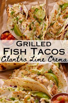 grilled fish tacos with cilantro lime and salsa on the side, served in tortillas