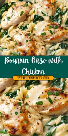 chicken with pasta and spinach in a skillet