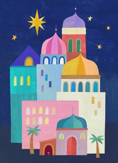 a painting of colorful buildings with stars in the sky