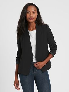 Saw this on Banana Republic: Charcoal Blazer, Collarless Blazer, Fashionable Work Outfit, Best Blazer, Jeans And Flats, Buy List, Pleated Midi Dress, Blazer Black, Tomboy Fashion