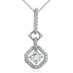 Dazzle yourself with this stunning necklace. A square CZ stone is framed by an octagon studded with CZ stones. The pendant dangles from an 18” rolo chain, and is finely crafted of sterling silver. Product Details Metal Type sterling-silver Metal Stamp 925-sterling Weight 2.6GR Length 18IN Width 11.04MM Height 28MM Clasp Type spring-ring Chain Type rolo Chain Length 18 Stone Details Gem Type cubic-zirconia Number of Stones 1 Stone Shape square-shape Total Weight 0.71 Setting Type prongs Stone Cre Octagon Necklace With Diamond Accents For Gifts, Cubic Zirconia Necklace Gift, Cubic Zirconia Octagon Necklace As Gift, Sterling Silver Diamond Necklace With Square Pendant, Cubic Zirconia Octagon Necklace For Gift, Octagon Diamond Necklace Gift, Octagon Diamond Cut Necklace, Silver Hexagon Jewelry With Diamond Accents, Silver Diamond Necklace With Square Pendant