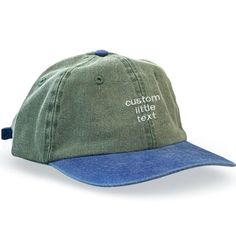 This blue and green two-tone dad hat is the perfect way to add a touch of personality to your wardrobe.  The hat is made from 100% cotton and features a comfortable, unstructured fit.  The front of the hat is embroidered with your choice of white letters, making it a great way to show off your name, initials, or a favorite saying. The hat is also adjustable, so you can find the perfect fit. This hat is perfect for everyday wear, whether you're running errands, going to the beach, or cheering on your favorite team. It's also a great gift for any occasion. To order your custom hat, simply enter your desired text in the personalization box. We'll take care of the rest! Customizable Blue Snapback Baseball Cap, Customizable Blue Baseball Cap With Curved Brim, Customizable Blue Casual Baseball Cap, Customizable Green Baseball Cap, Customizable Green Baseball Cap Trucker Hat, Customizable Green Casual Trucker Hat, Casual Green Customizable Trucker Hat, Casual Customizable Green Trucker Hat, Business Merch