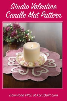 a candle sitting on top of a pink doily with the words studio valentine candle mat pattern