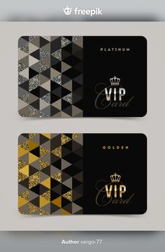 two black and gold business cards with diamonds on them