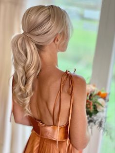 Wedding Hair For Bridesmaids Ponytail, Brides Hairstyles Ponytail, Bridesmaid Textured Ponytail, Loose Ponytail Bridesmaid Hair, Bridesmaid Hair Updo High Ponytail, Up Do Ponytail Wedding, Bride Wedding Hair Ponytail, Mother Of The Bride Ponytail, Updos For Medium Length Hair Wedding Bridesmaid Pony Tails