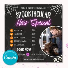 Halloween Hair Special Flyer, Hair Salon Sale Price List, October Bookings Available, DIY Instagram Editable Canva Template "Spooky season is here, and your hair deserves a frightfully fabulous makeover! This customizable flyer is the perfect way to promote your salon's Halloween hair specials. With eye-catching graphics and a festive design, it's sure to attract attention and get customers excited for a spooky transformation. Grab your flyer today and let the hair-raising fun begin!" 🌸PRODUCT Hair Salon Halloween Decor, Hair Flyers Ideas, Bookings Available, Diy Instagram, Salon Business Cards, Halloween Flyer, Salon Business, Salon Ideas, Hair Raising