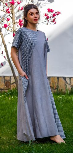 FREE STANDART SHIPPING for all United State orders over $35* Maxi Linen Dress With Sleeves / Casual Dress / Linen Long Dress Summer / Maxi Dress with Pockets / Loose Fit Dress / Avant Garde Dress Casual long dress in a combination of two colors - grey and grey plaid pattern. Loose silhouette, short sleeves and two hidden side pockets. Round neckline. Materials: linen This dress is perfect for different events, parties, dinners and hangouts. ♥ THE PERFECT GIFT FOR YOUR LOVED ONE ♥ ♥ All garments are handmade in our little Boutique in a special UNIQUE way ♥ Different sizes available. Check the listing for your size. * SOME PLUS SIZES ARE ALSO AVAILABLE SIZE CHART How to measure yourself * Bust: * Use a flexible measuring tape across the most prominent area of your chest. Ensure the tape is l Cotton V-neck Lagenlook Dress, Cotton Shift Dress With Maxi Length, Gray Short Sleeve Dress For Beach, Gray Short Sleeve Beach Dress, Gray Lagenlook Summer Dress, Cotton Shift Maxi Dress, Casual Plaid Dresses With Pockets, Casual Cotton Maxi Dress With Patchwork, Cotton Patchwork Midi Dress With Short Sleeves