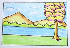 a drawing of a tree with mountains in the background and water below it, on a piece of paper