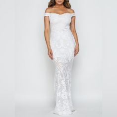 New, White Sequin Dress, S-M-L White Off-shoulder Evening Dress, White Off-shoulder Evening Dress For Spring, White Lace Maxi Length Evening Dress, White Off-shoulder Lace Dress For Party, White Lace Maxi Dress For Prom, Elegant Off-shoulder White Lace Dress, Elegant White Maxi Dress For Holiday, White Lace Maxi Dress For Party, White Lace Off-shoulder Maxi Dress