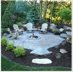 a fire pit surrounded by chairs and trees