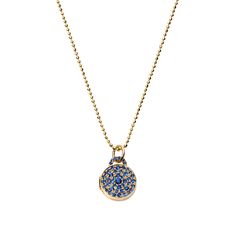 Mini 'Sugar' Blue Sapphire Pavé Locket Necklace Luxury Blue Locket Jewelry, Luxury Blue Locket Necklace, Luxury Keepsake Medallion Necklace, Elegant Blue Necklace With Box Chain, Gold Locket Necklace, Unique Jewelry Gifts, Green Garnet, Gold Locket, Delicate Chain