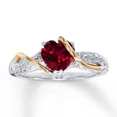 This romantic ring for her showcases a heart-shaped lab-created ruby embraced in swirls of 14K yellow gold. A duet of round diamonds set in sterling silver lend brilliant contrast to complete the look. Ruby Solitaire Ring, How To Wear Rings, Multi Gemstone Ring, Ruby Jewelry, Pretty Rings, Fantasy Jewelry, Girly Jewelry, Ruby Ring, Pretty Jewellery