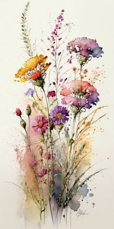 watercolor painting of wildflowers and grasses with pink, purple, yellow and orange flowers