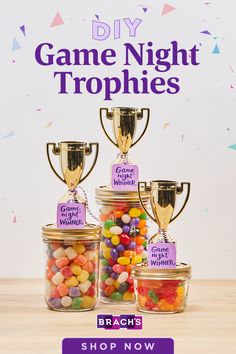 the game night trophies are filled with candy