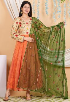 Pure Kota Silk and Net Anarkali Kameez in Orange and Beige Color. This Readymade V Neck and Full Sleeve attire with Cotton and Shantoon Lining is Enhanced with Resham, Zari, Sequins and Beaded Lace Work. Available with a Matching Potli, Shantoon Churidar in Orange and a Mirror, Gota Lace and Resham Enhanced Net Dupatta in Dark Green Color. The Kameez and Bottom Lengths are 55 and 52 inches respectively. Do note: 1.)Accessories shown in the image are for presentation purposes only and length may Pakistani Sharara Suit, Party Wear Dresses Indian, Indian Party Wear Dresses, Pakistani Sharara, Wedding Outfits Indian, Bandhej Suits, Net Anarkali, Silk Anarkali Suits, Latest Salwar Suits