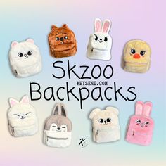 several small backpacks with different faces on them and the words skoo back packs