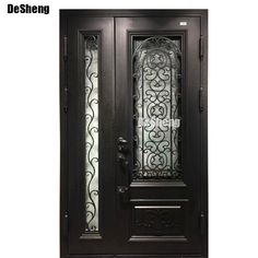 the front door is black and has decorative glass panels on it's side panel