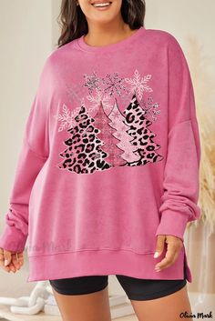 Olivia Mark - Pink Sequin Print Christmas Sweater with Cane Bow Knot Embellishments Christmas Tree Snowflake, Christmas Tree Graphic, Sequined Sweatshirt, Holiday Hoodies, Christmas Sweaters For Women, Pink Holiday, Women Sweaters Winter, Dropped Shoulder Sweatshirt, Graphic Sweaters