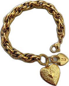 Gold Metal Bracelets For Valentine's Day, Gold Metal Chain Bracelet For Valentine's Day, Vintage Gold Bracelet As A Gift, Gold Chain Charm Bracelet For Valentine's Day, Valentine's Day Gold Chain Charm Bracelet, Gold Stainless Steel Bracelet With Heart Charm, Vintage Gold Bracelets For Valentine's Day, Vintage Chunky Jewelry Gift, Trendy Gold Heart Charm Bracelet