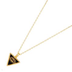 Embrace spiritual protection with the Minimalist Black Onyx & Gold Triangle Pendant Evil Eye Talisman Necklace, crafted to shield you from negative energies.  This elegant pendant features a black onyx triangle, beautifully adorned with a gold evil eye talisman, and is set in 18k gold-plated sterling silver.  The luxurious gold vermeil chain perfectly complements the pendant, making this minimalist yet meaningful necklace a stylish addition to your everyday wear. Details 18K gold plated on sterling silver Black Onyx Necklace length 18" and 2'' extender Pendant height 0. 7'' Pendant width 0. 5'' Avoid contact with chemicals, makeup, parfume. Do not use dips or abrasive cleaners on necklace. To clean and brighten it up your necklace, wipe them gently with jewelry polishing cloth. Meaningful Necklace, Pendant Making, Gold Triangle, Talisman Necklace, September Birthstone Jewelry, Black Onyx Necklace, August Birthstone Jewelry, Spiritual Protection, July Birthstone Jewelry