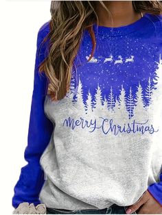 This Christmas-themed festive fashion is just perfect for the holidays! Plus size Christmas Tree Sweatshirt for Women is made from a soft, comfortable fabric and features a vivid Christmas tree graphic print for a festive look. Enjoy the warmth and fun of the season with this unique piece of clothing. Material Polyester Style Casual Care Instructions Machine wash, do not dry clean Seasons Fall/Winter Type Pullovers Collar Style Crew Neck Fabric Slight Stretch Sheer No Patterned Landscape Print D Winter Holiday Long Sleeve T-shirt, Red Long Sleeve Christmas T-shirt, Casual Printed Tops For Winter, Winter Tops With Relaxed Fit And Printed Details, Relaxed Fit Printed Winter Tops, Winter Printed Tops With Relaxed Fit, Blue Crew Neck T-shirt, Printed Cotton Tops For Winter, Casual Long Sleeve Holiday Sweatshirt