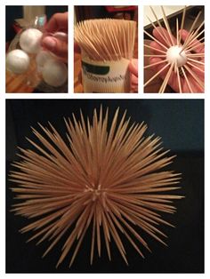 four pictures show the process of making an ornament out of popsicle sticks