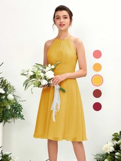 a woman in a yellow dress holding a bouquet