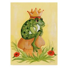 a painting of a frog with a crown on it's head sitting on top of a mushroom