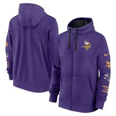 Elevate your Minnesota Vikings game day look with this Nike Club Full-Zip Hoodie Jacket. This midweight hoodie features a fleece lining for an extra layer of soft, cozy warmth, making it perfect for moderate temperatures. The adjustable scuba hood provides additional coverage from the elements, while the team logo embroidered on the left chest and team graphics down the left sleeve let everyone know who you're rooting for. Vikings Game, Gameday Couture, Oversized Crewneck, Nike Purple, Fleece Shorts, Short Sleeve Pullover, Minnesota Vikings, Crop Sweatshirt, Full Zip Hoodie