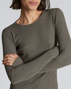 The Pima Micro-Rib Long-Sleeve Crew Washed Heathered Fatigue – Everlane Favorite Sweater, Supima Cotton, Short Hair Cuts, Jean Shorts, How To Look Better, Black Jeans, Short Hair Styles, My Style, Long Sleeve